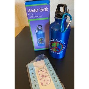 NEW-Brother Set-Water Bottle and Holographic Dog Tag Necklace #1 Brother